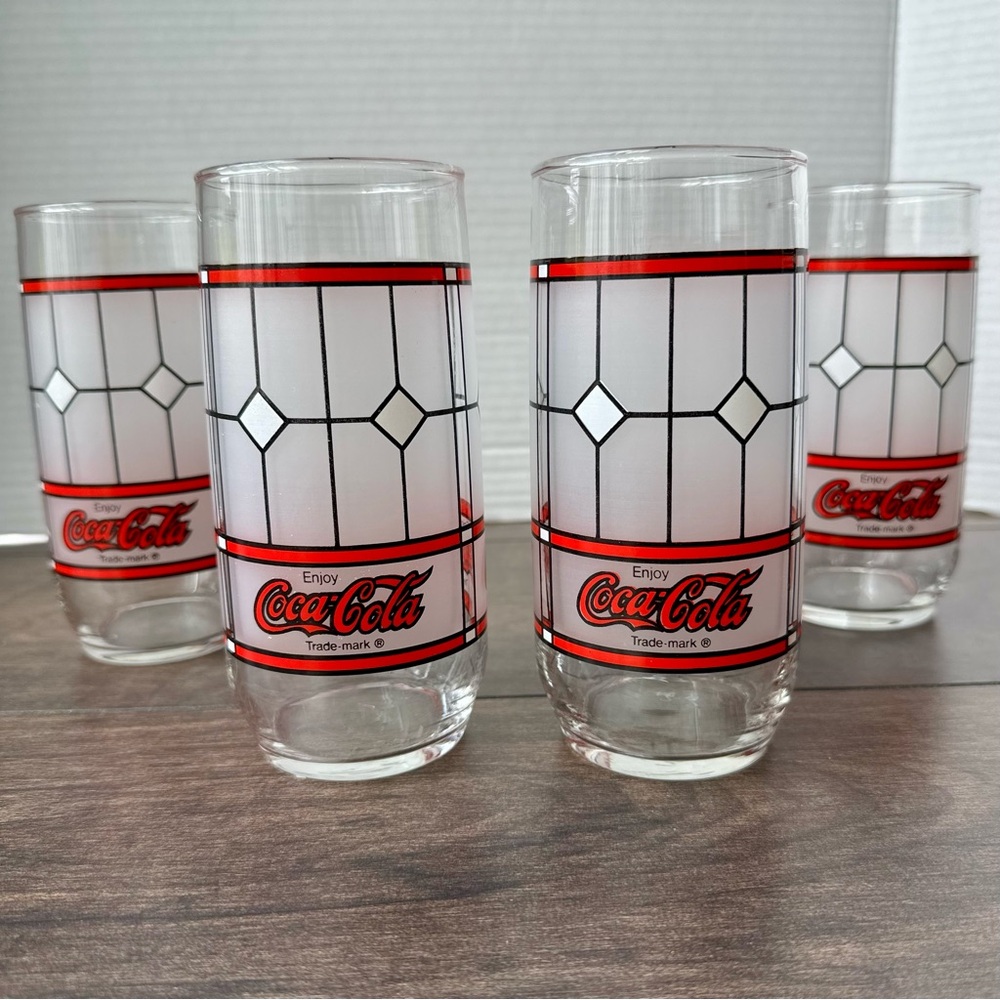 Set of 4 Vintage Coca-Cola Stained Glasses “Tiffany Style” Frosted Design